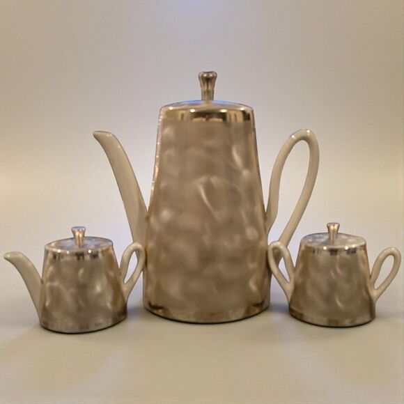 Vintage Champagne Gold Insulated Covered Ceramic Coffee Tea Set MCM - Picture 1 of 7